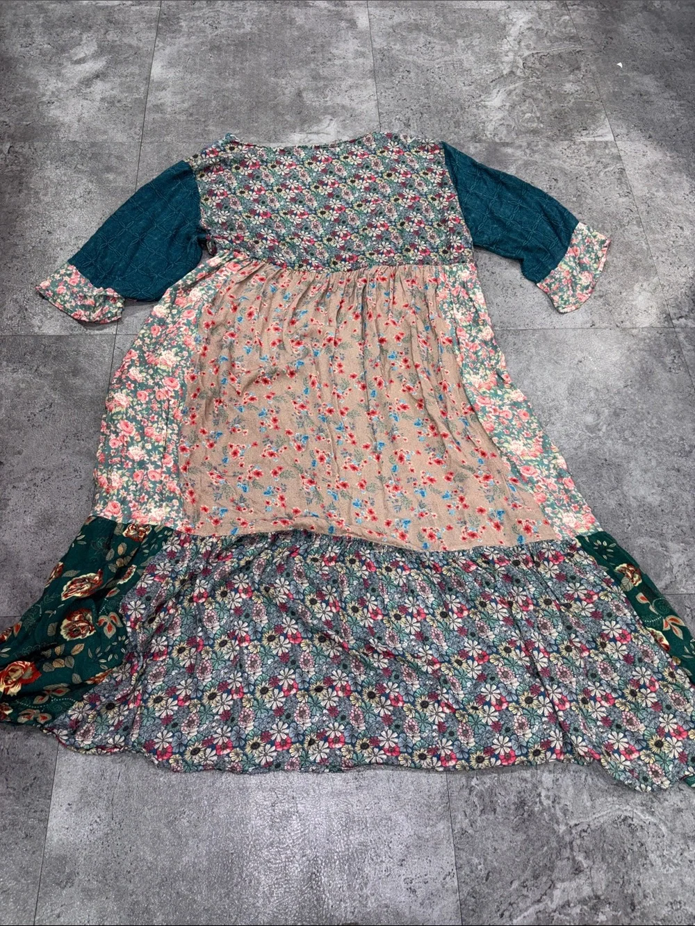Free People Boho Patchwork Long Duster in Teal and Cream